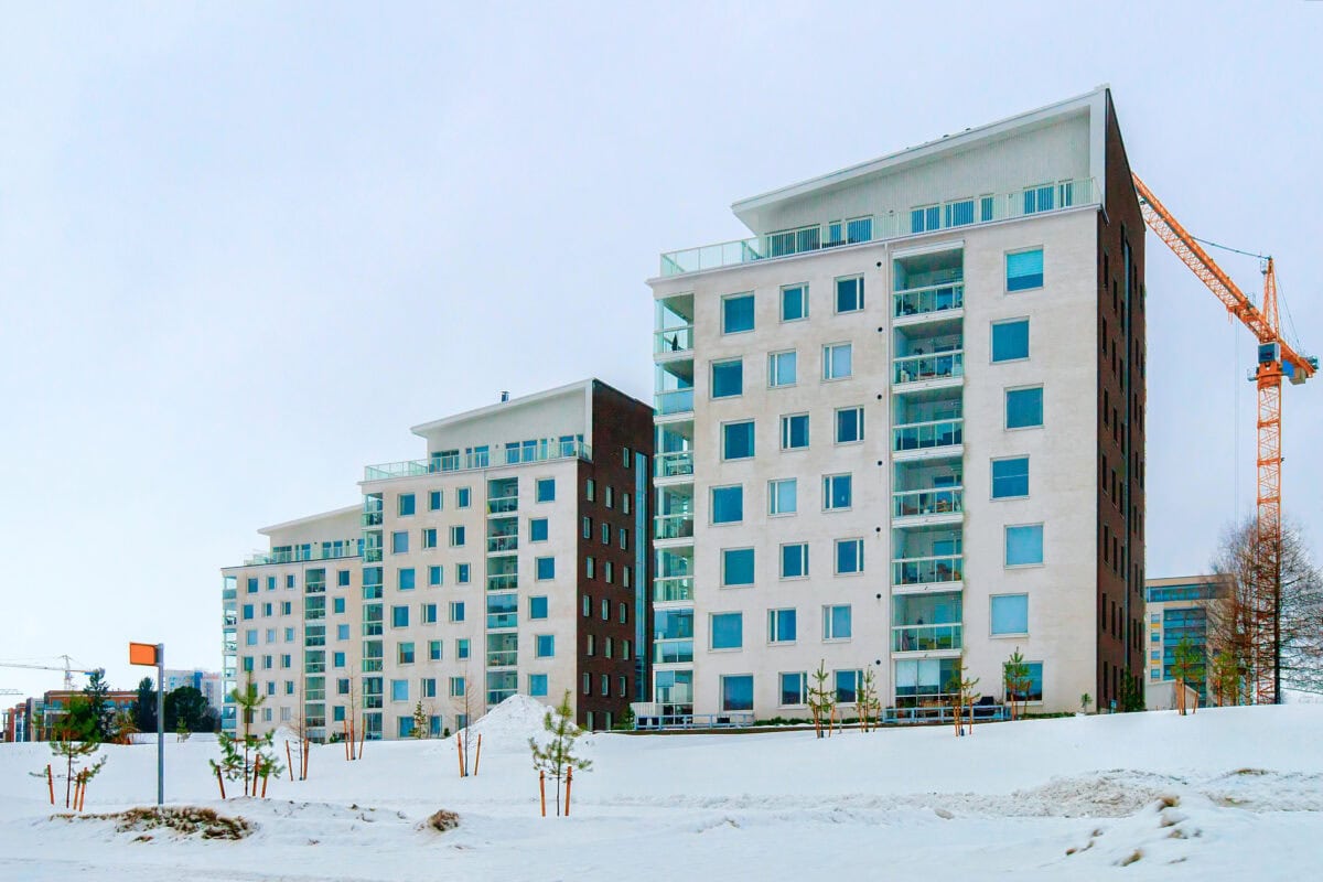 New complex of apartment buildings under development at winter Helsinki