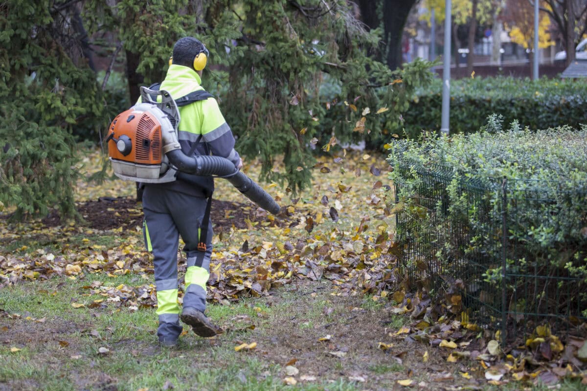 Worker operating heavy duty leaf blower in a park.